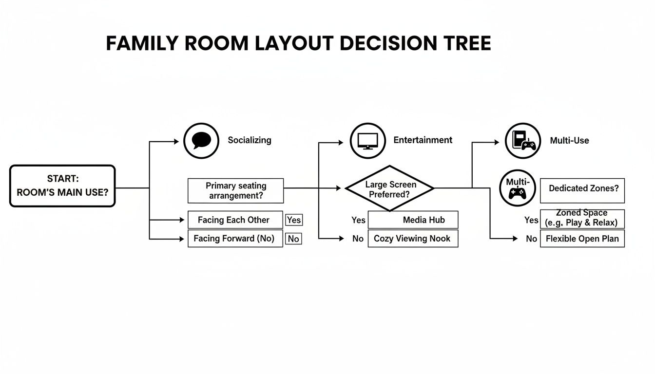 A family room layout decision tree diagram showing options for socializing, entertainment, and multi-use spaces.