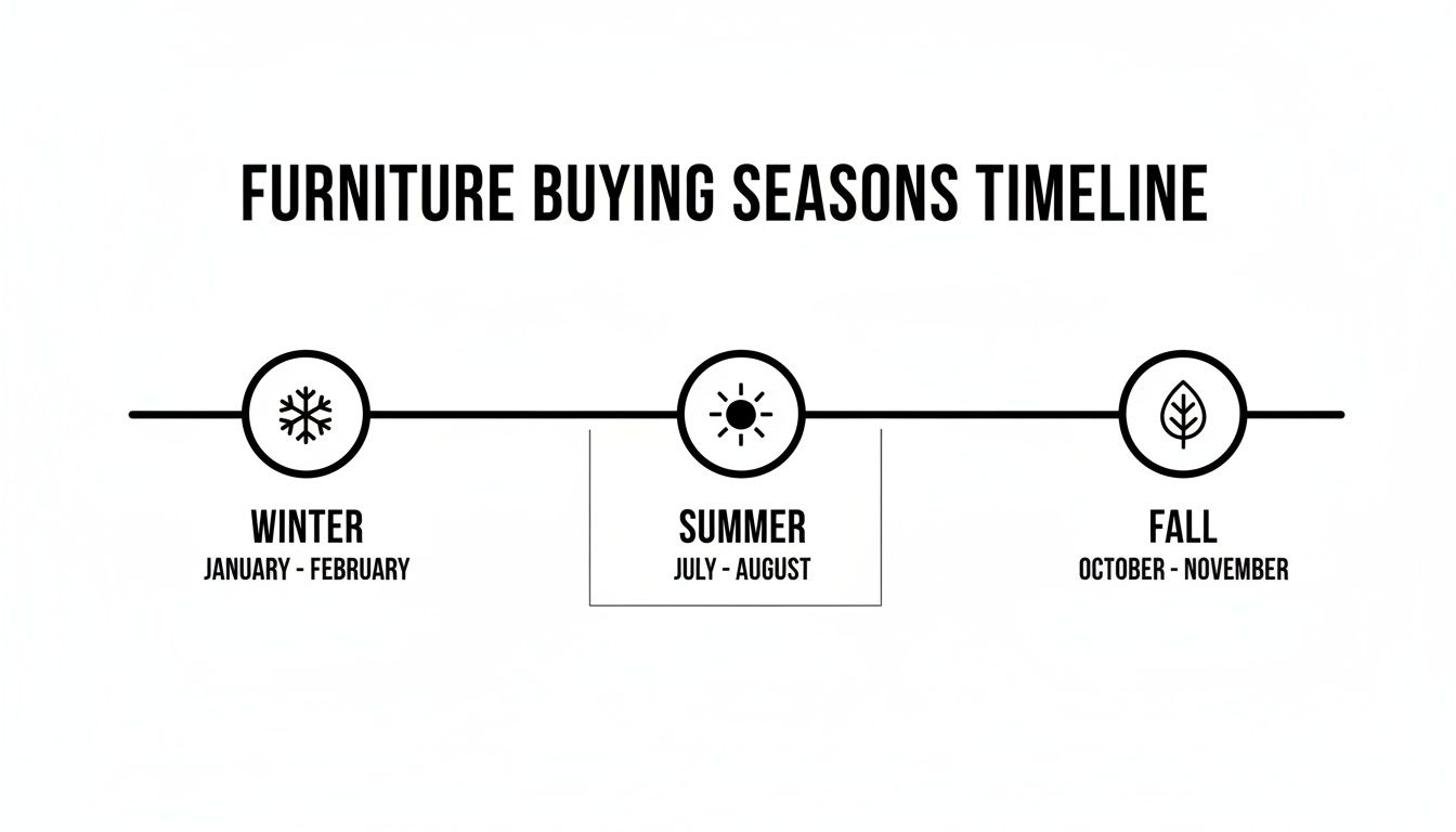 A timeline graphic illustrating the best seasons to buy furniture: Winter, Summer, and Fall.