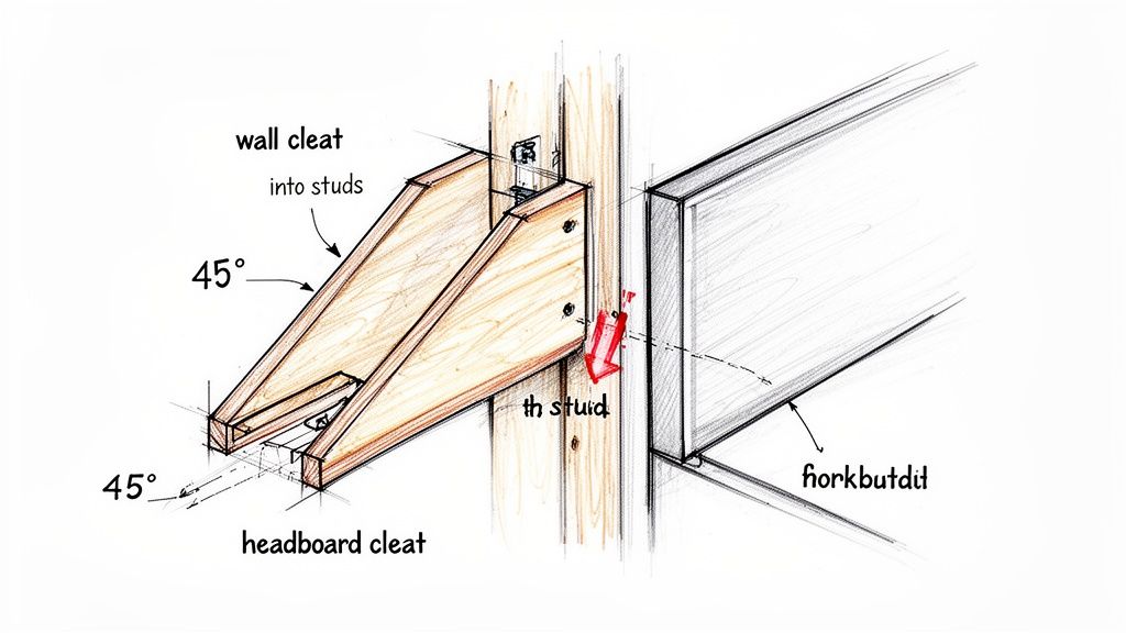 Detailed diagram illustrating a headboard attached to a wall using interlocking 45-degree French cleats.
