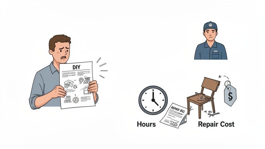 Comparing DIY struggles with professional furniture repair, showing time, cost, and a skilled worker.
