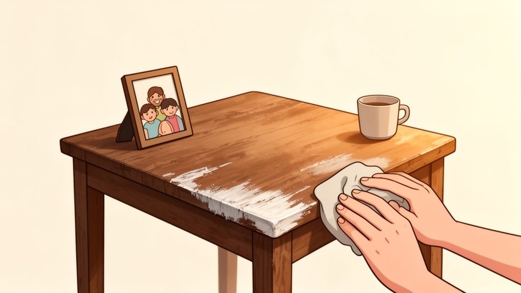 A person's hands refinish a wooden table with a white cloth, next to a family photo and coffee cup.
