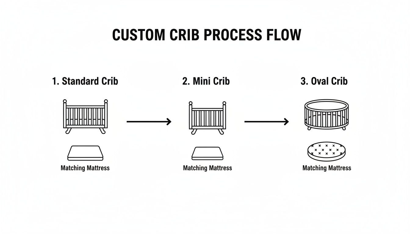Diagram illustrating the custom crib process flow, showcasing standard, mini, and oval cribs with matching mattresses.