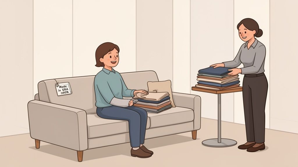 Two women in a living room folding clothes, one seated on a "Made in USA" sofa.