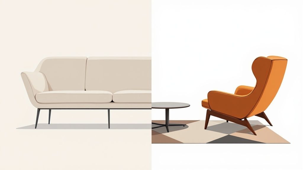 A living room showcasing Modern and Mid-Century Modern furniture with clean lines and tapered legs.