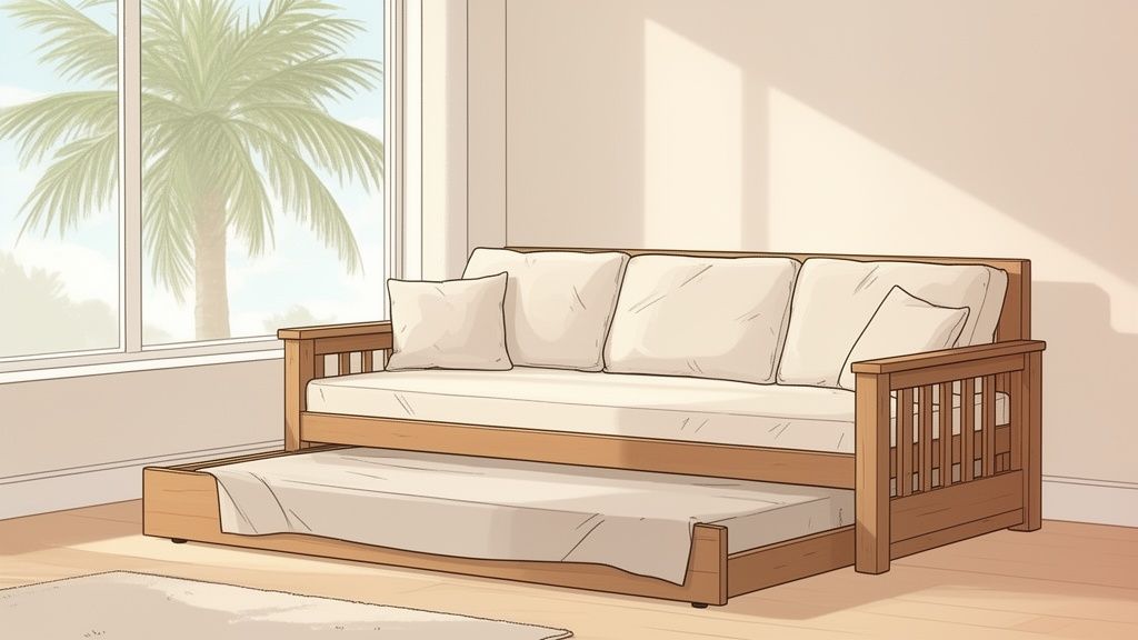 A wooden daybed with a trundle bed pulled out in a bright room with a palm tree view.