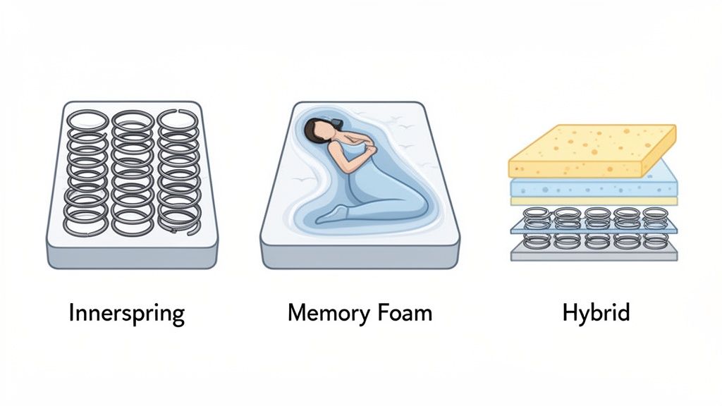 Illustrations comparing three popular mattress types: Innerspring with coils, Memory Foam contouring a sleeper, and Hybrid showing layers of foam and coils.