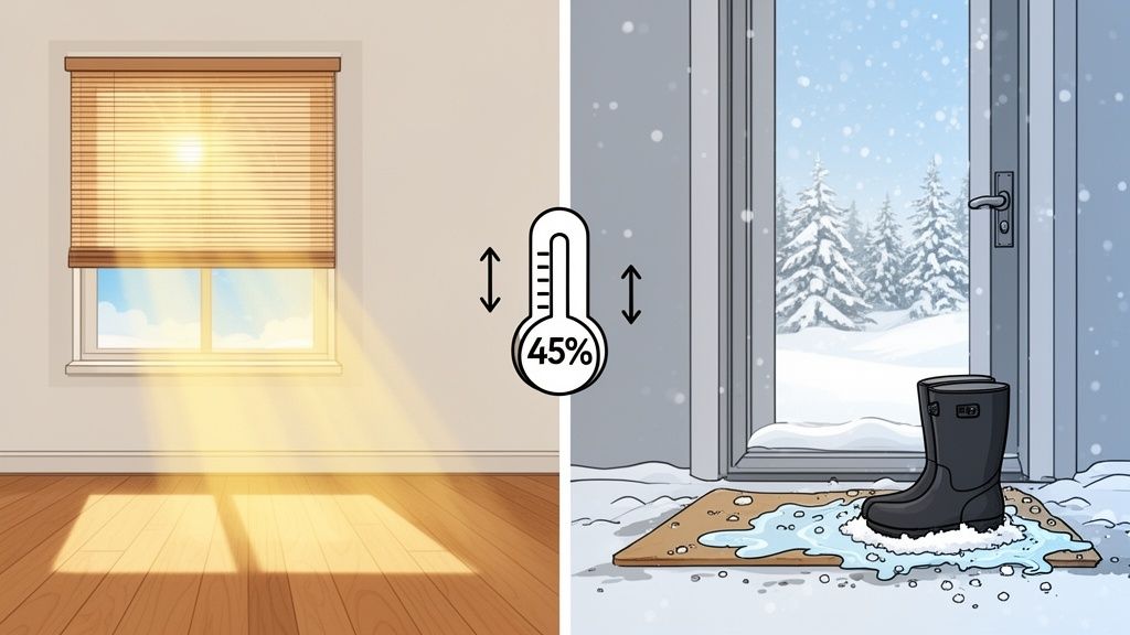 Split image showing a sunny room with hardwood floor and a snowy outdoor scene with boots, with a 45% temperature icon.