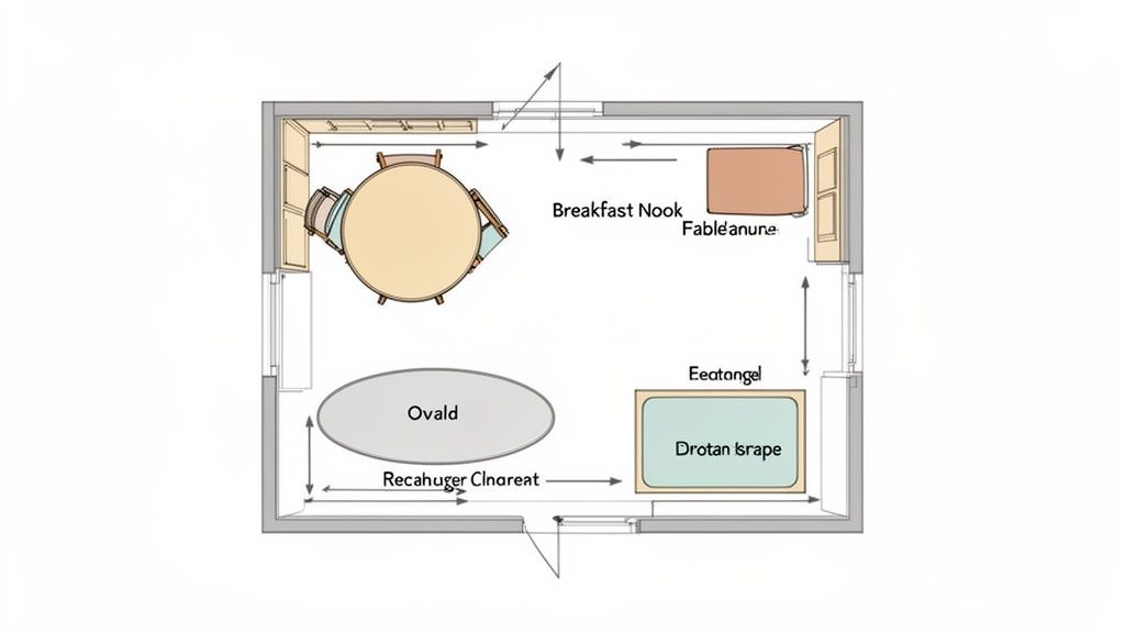Detailed floor plan illustrating a dining room layout with various table shapes and a breakfast nook.