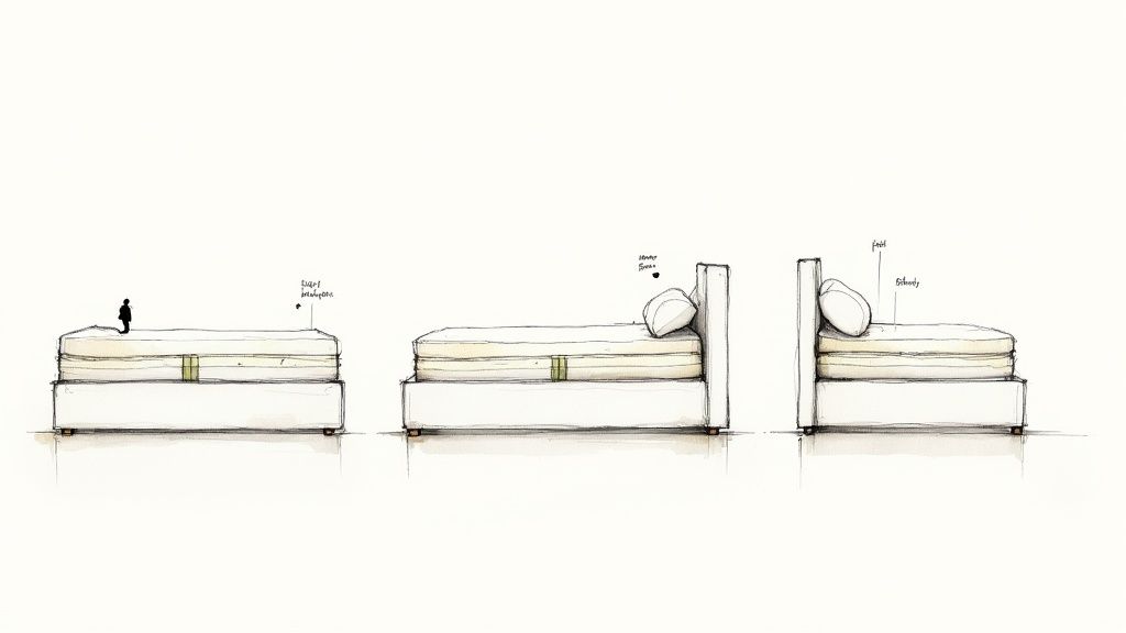 Three detailed architectural sketches illustrating different views and components of a bed setup.
