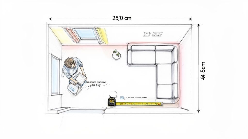 Top-down sketch of a person measuring a room with a tape measure, showing furniture and dimensions.