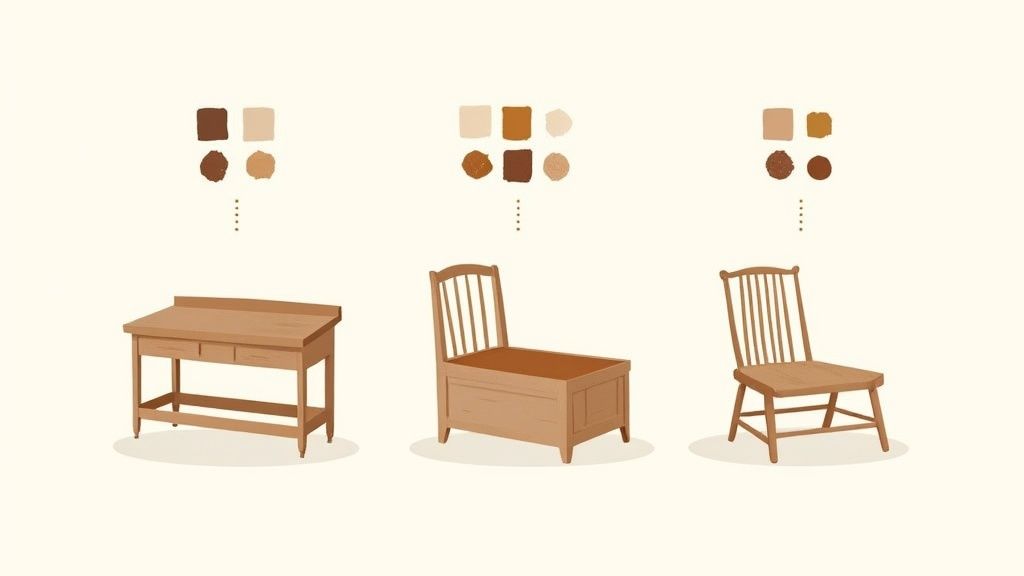 Illustration of three distinct wooden furniture pieces: a desk, a storage bench, and a classic chair, with color palettes.
