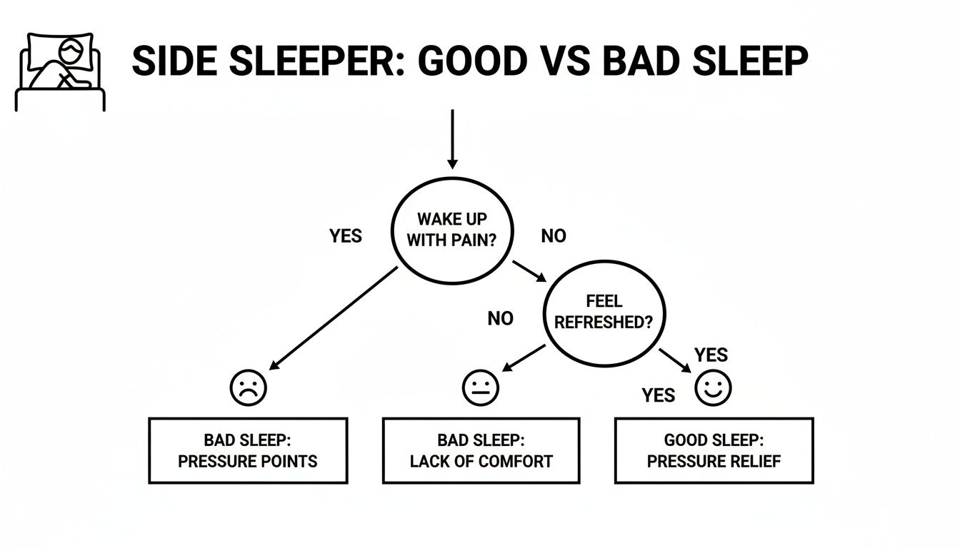 Flowchart analyzing good versus bad sleep for side sleepers based on pain and refreshed feeling.