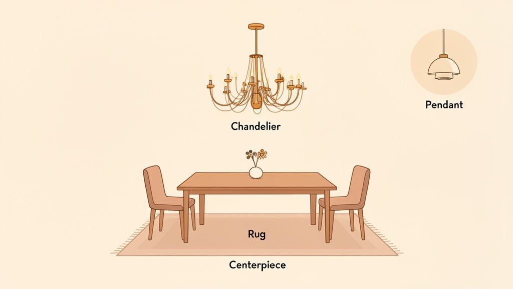 A diagram illustrating dining room elements: a table with chairs, a rug, a centerpiece, a chandelier, and a pendant light.
