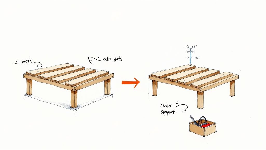 Close-up of wooden bed slats on a bed frame.