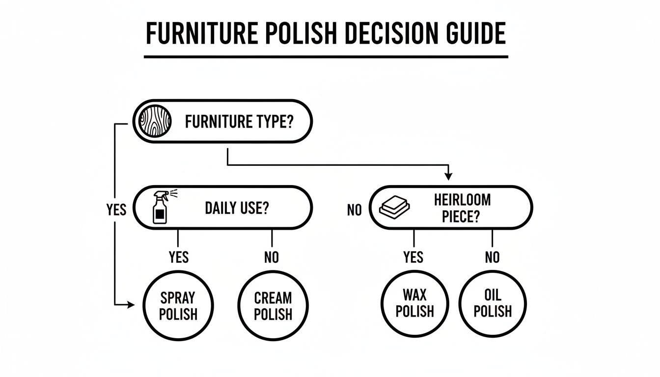 Flowchart guiding furniture polish selection: spray, cream, wax, or oil based on furniture type and use.