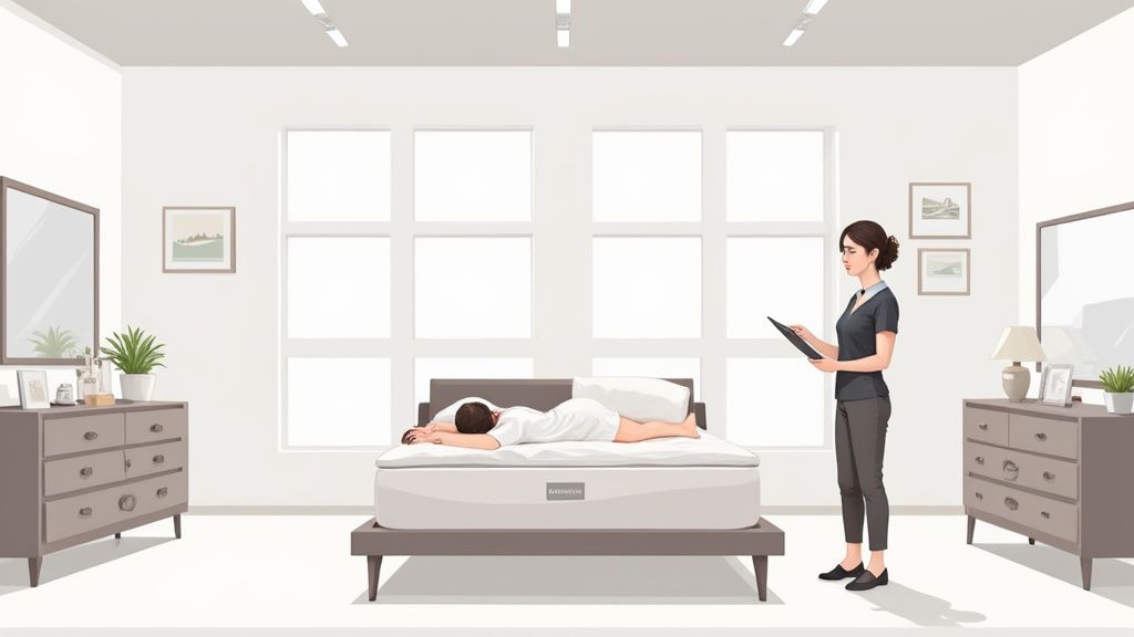Woman sleeping on stomach with a pillow on a mattress, observed by a professional with a tablet.