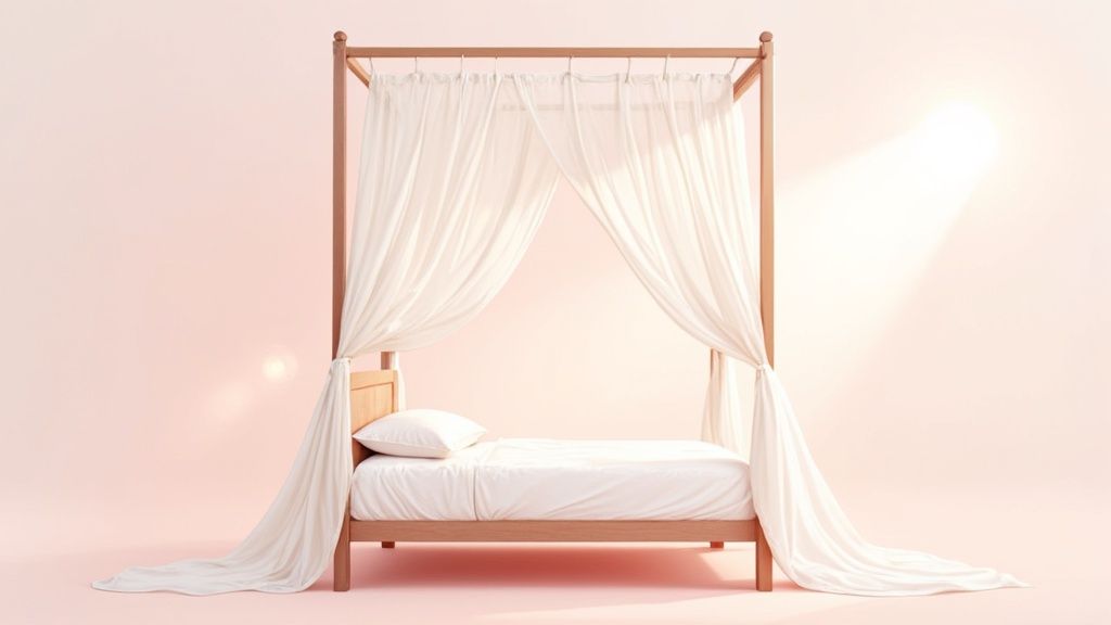 A minimalist wooden canopy bed with flowing white drapes, a mattress, and a pillow on a pink background.