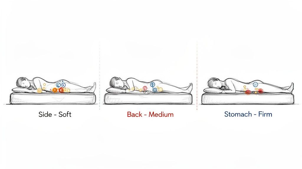 Guide to mattress firmness for different sleeping positions: side (soft), back (medium), stomach (firm).