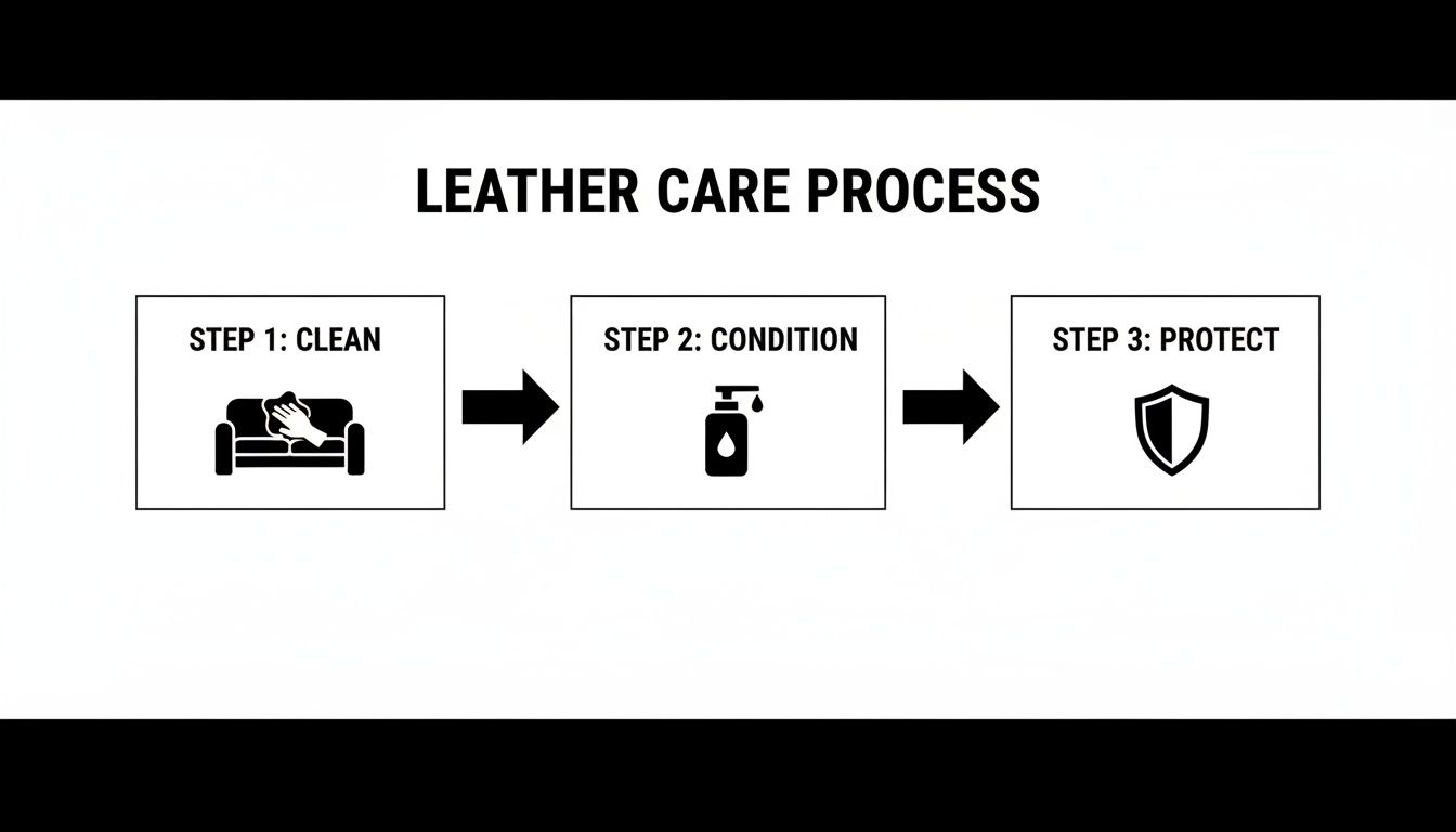 A diagram illustrating the 3-step leather care process: clean, condition, and protect.
