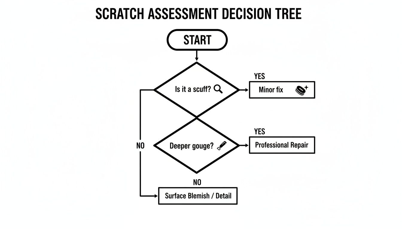 A decision tree flowchart for scratch assessment, guiding users on how to fix scuffs, gouges, or surface blemishes.