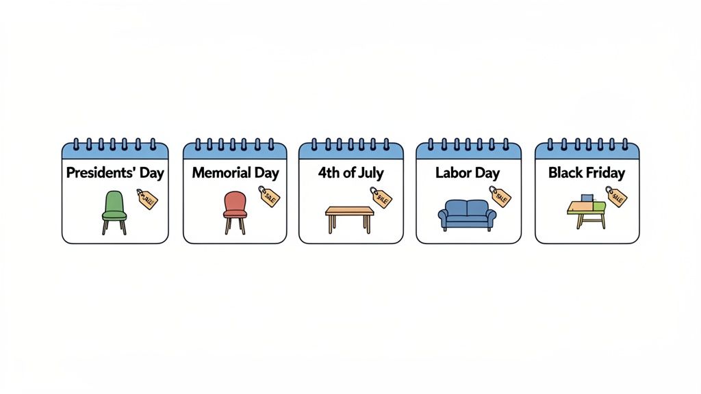 Calendars display Presidents' Day, Memorial Day, 4th of July, Labor Day, and Black Friday, highlighting furniture sales.
