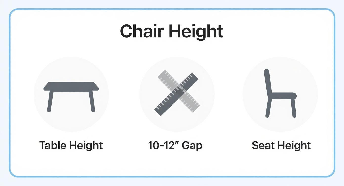 Diagram illustrating optimal chair height by showing table height, seat height, and a recommended 10-12 inch gap.