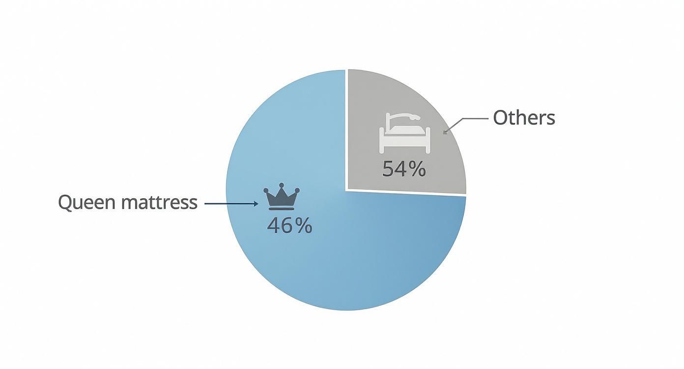 Infographic pie chart showing mattress popularity, with Queen at 46% and Others at 54%