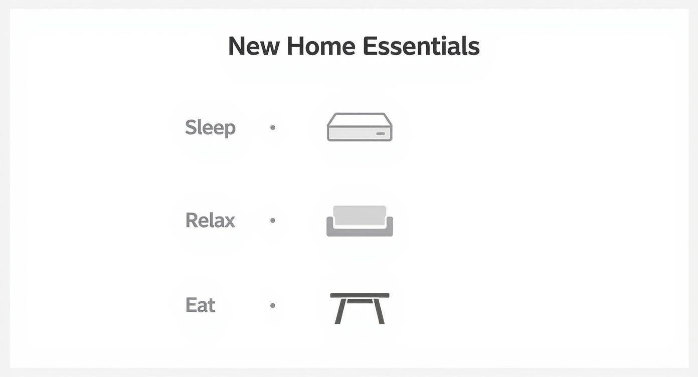 New Home Essentials checklist showing sleep, relax, and eat categories with furniture icons.