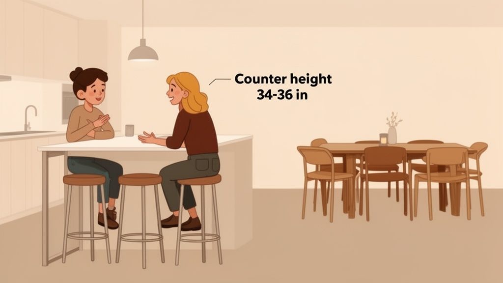 Two women conversing at a kitchen counter with stools, a dining table with chairs is in the background, highlighting standard counter height.