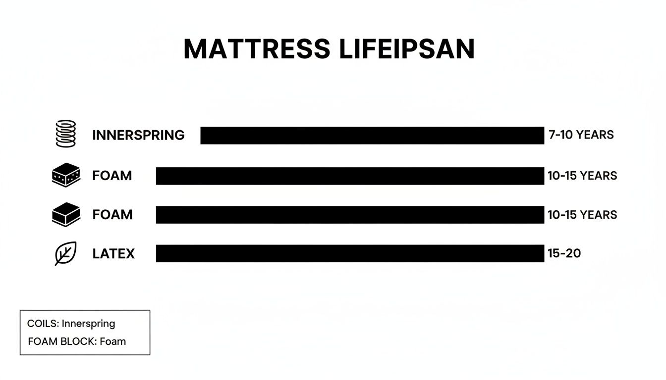 Bar chart illustrating mattress lifespan for Innerspring, Foam, and Latex types.