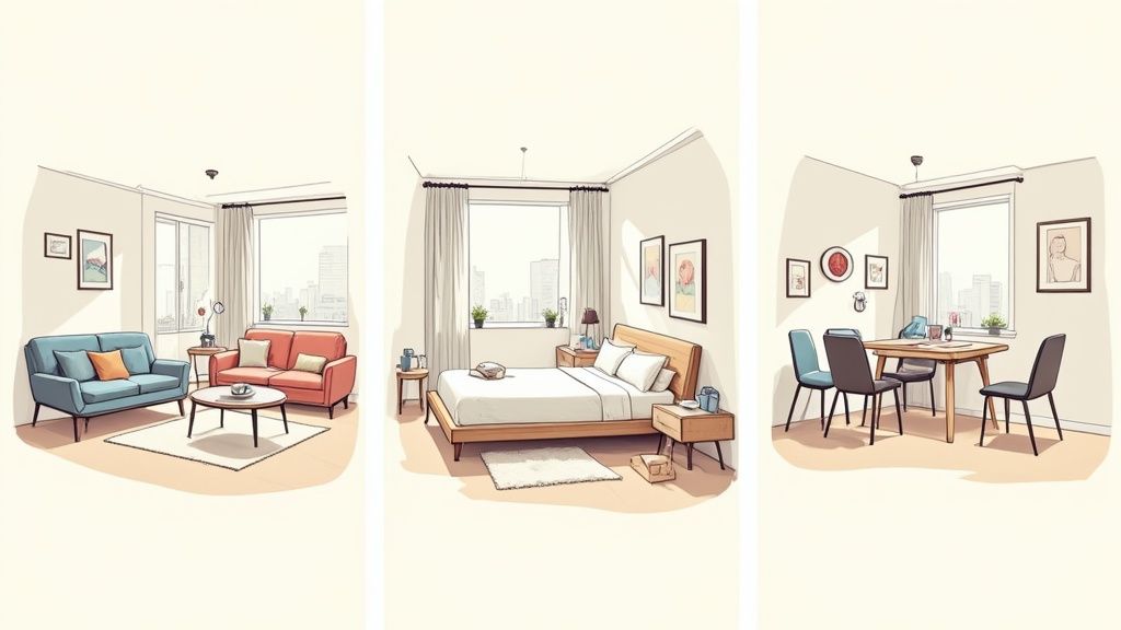 A small, well-lit dining area featuring a drop-leaf table and stackable chairs, showcasing smart furniture choices for small spaces.