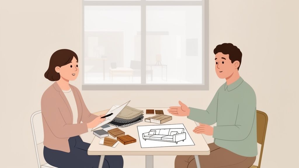 An interior designer presents fabric and wood samples along with a sofa sketch to a client.