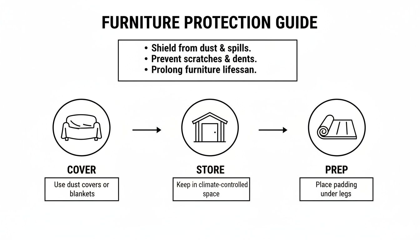 A visual guide illustrating three steps to protect furniture: cover, store, and prep.