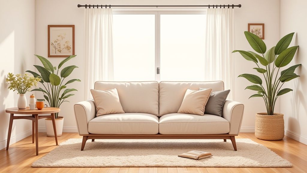 A bright and airy living room with a cream sofa, green plants, and a wooden side table.