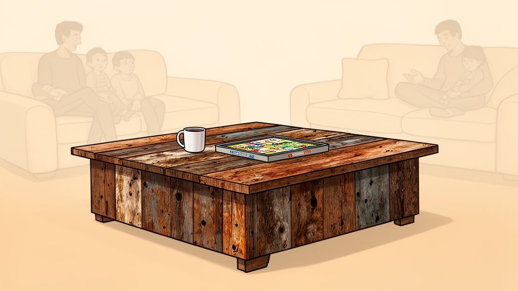Rustic square reclaimed wood coffee table with a white mug and a board game, blurred families behind.