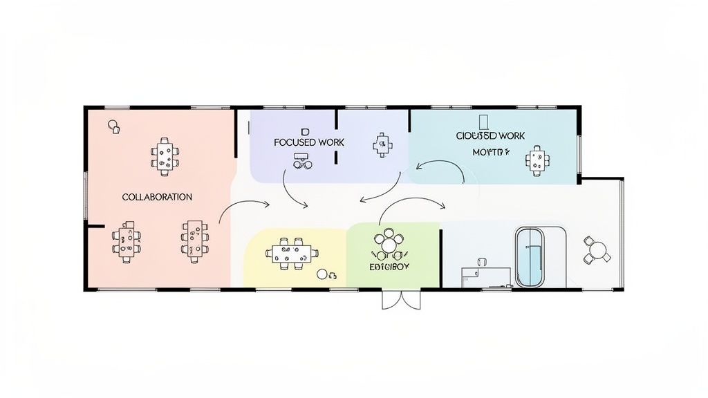 Detailed office floor plan showing dedicated zones for collaboration, focused, closed, and informal work areas.