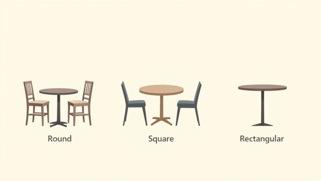 Illustrations of round, square, and rectangular kitchen table sets for small spaces.