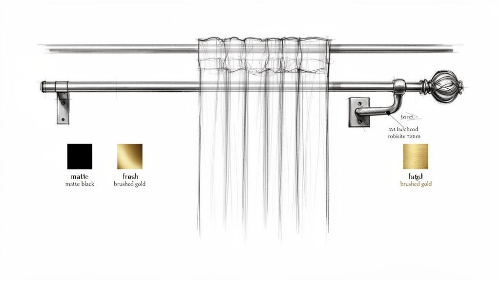 A detailed sketch of a double curtain rod system featuring a sheer curtain and color swatches.