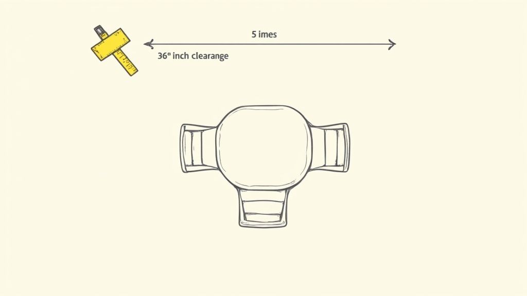 A person using painter's tape to outline a dining table's footprint on a wooden floor.