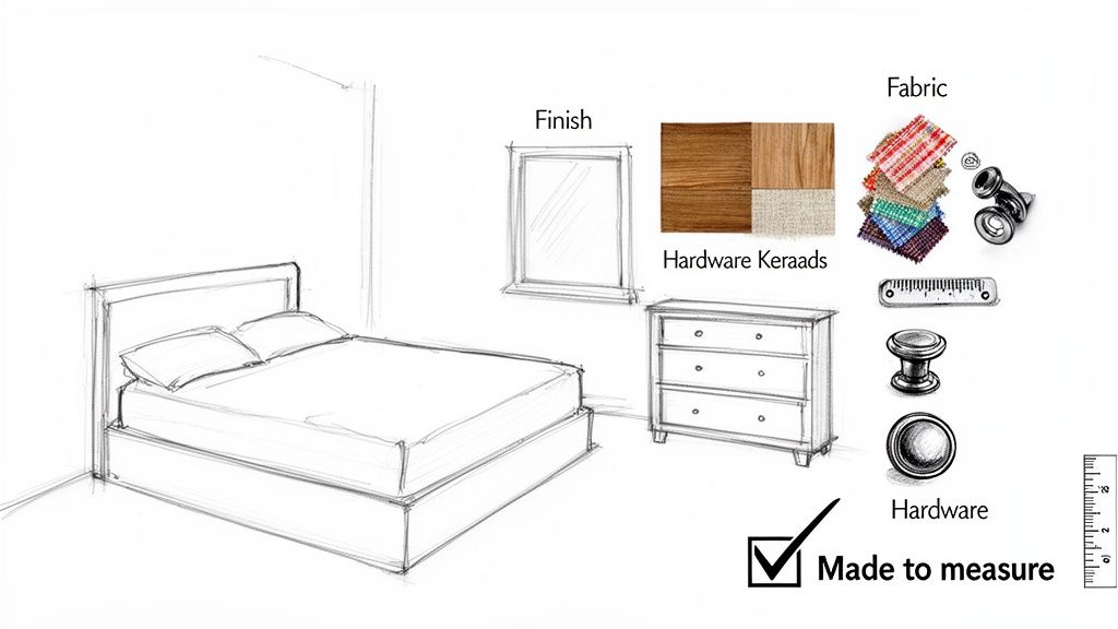 A bedroom sketch showing a bed, dresser, and options for finish, fabric, and hardware, emphasizing made-to-measure design.