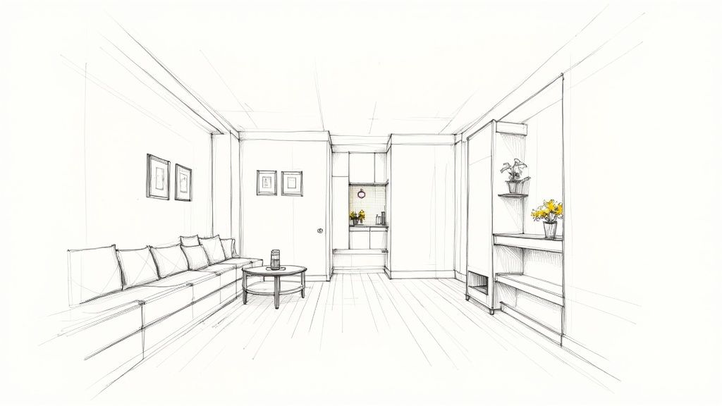 One point perspective interior sketch of modern minimalist living room with sofa and shelving
