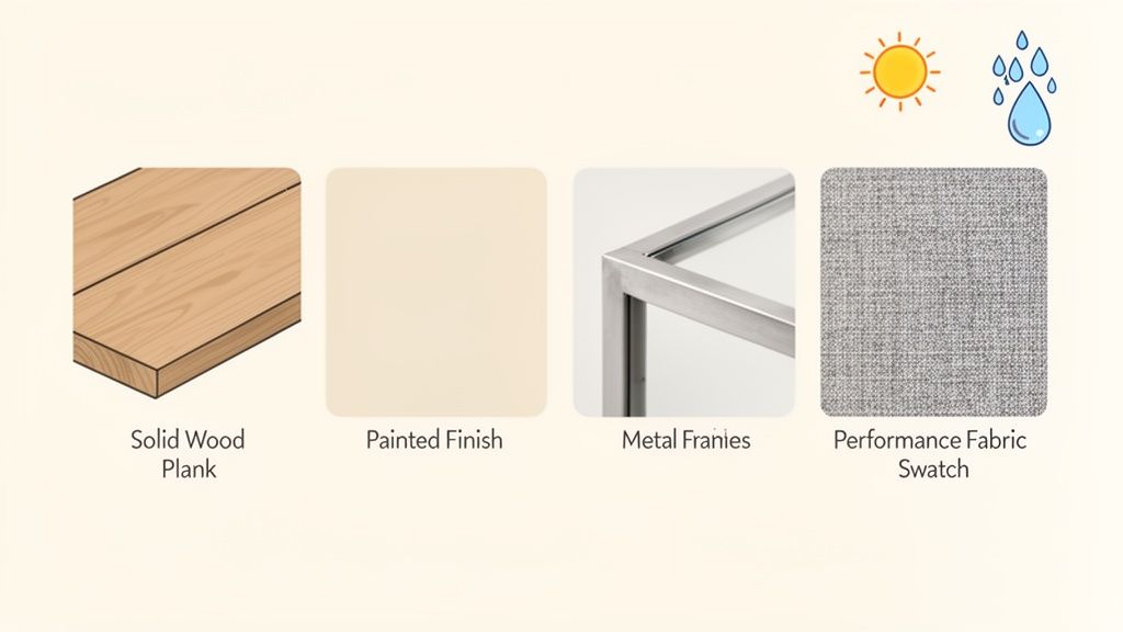 Various material samples: solid wood plank, painted finish, metal frame, and performance fabric, with sun and rain icons.