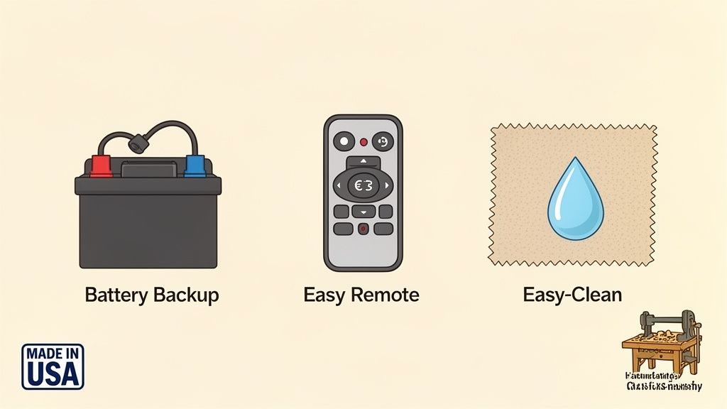 Icons illustrating product features: battery backup, easy remote control, and easy-clean fabric, made in USA.