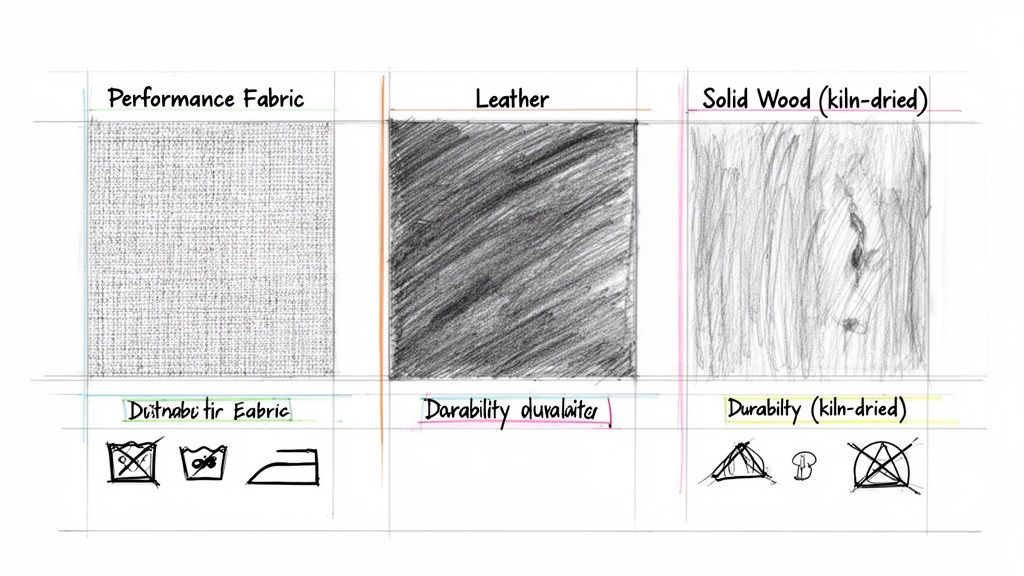 Three material samples: performance fabric, leather, and solid wood, with care instructions and durability notes for each.
