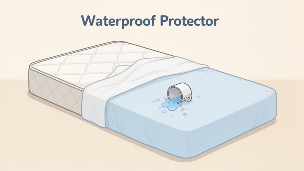 An illustration of a mattress with a light blue waterproof protector, showing spilled water beading on the surface.