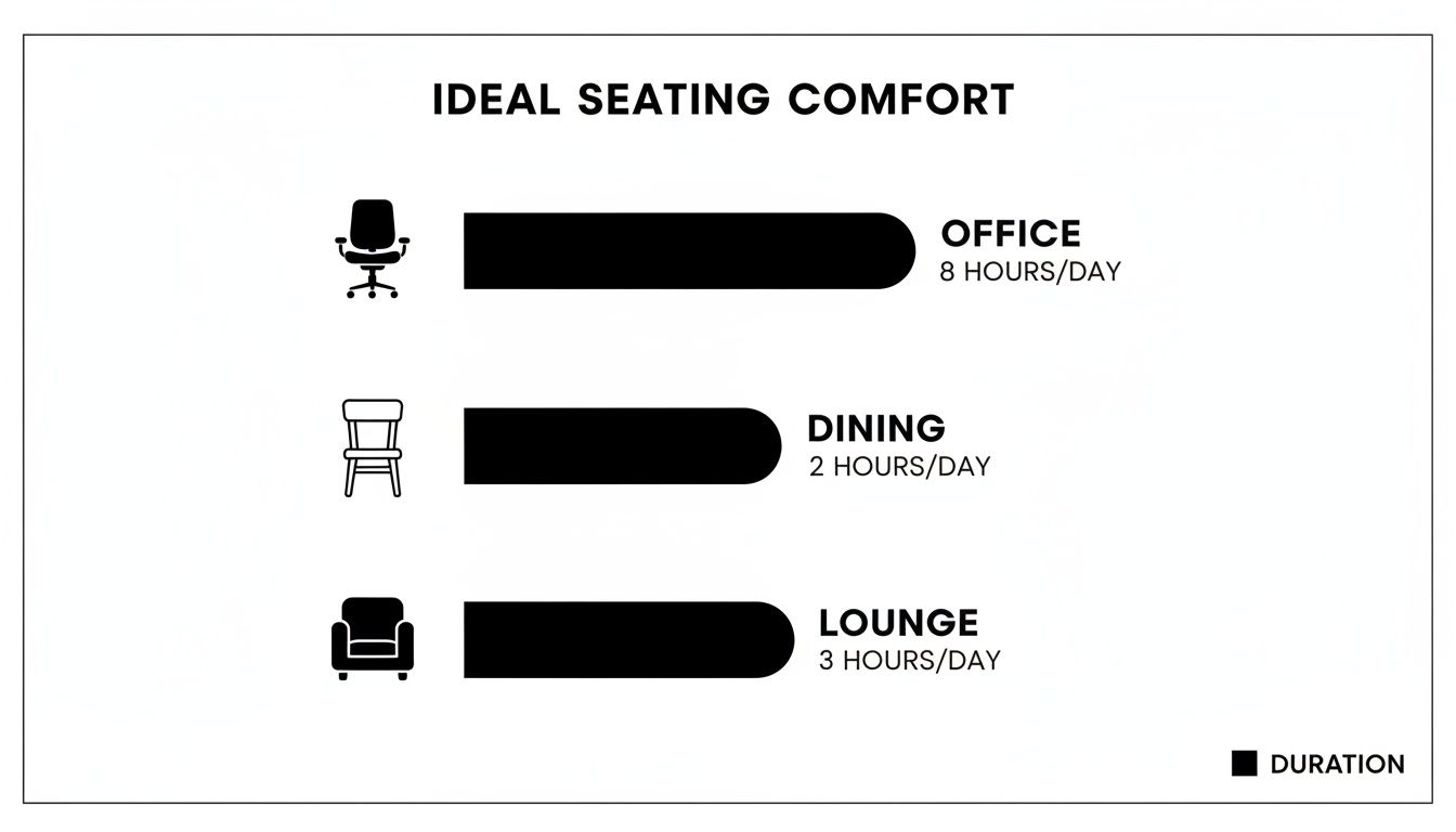 Infographic showing ideal seating comfort durations for office, dining, and lounge chairs.