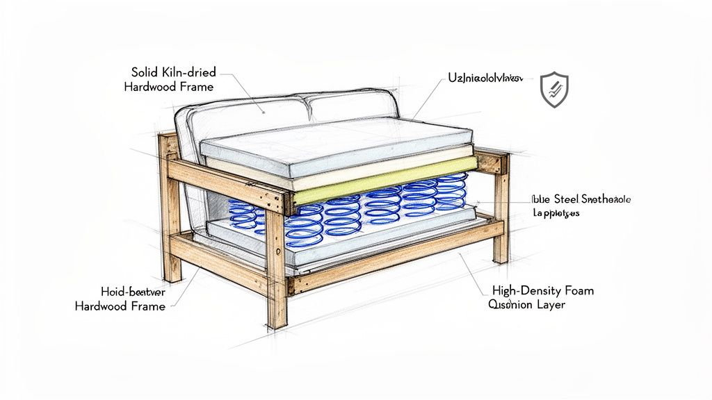 Anatomy of a durable sofa, revealing its solid hardwood frame, blue steel springs, and high-density foam layers.