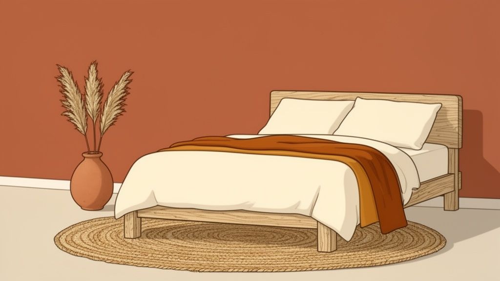 A minimalist bedroom with a wooden bed, pampas grass in a vase, and a round jute rug.