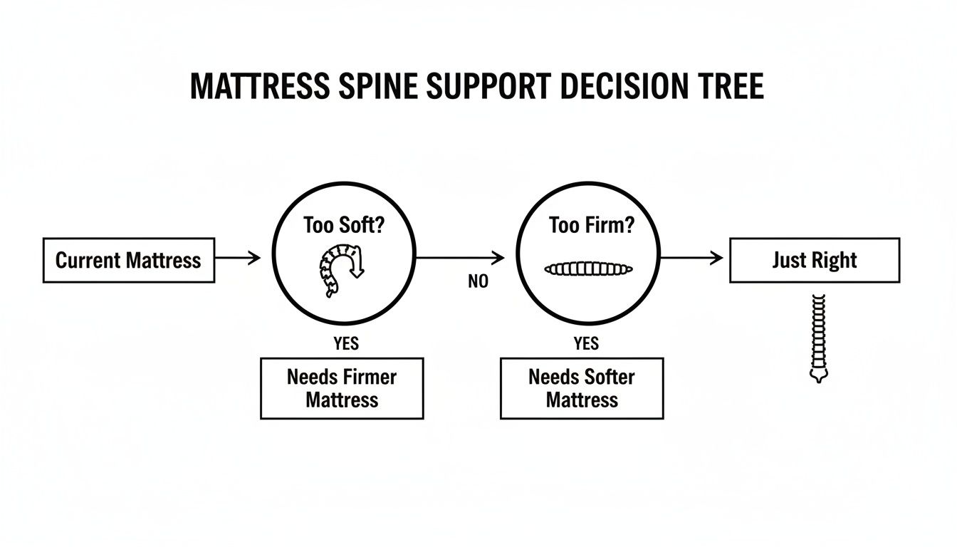 A decision tree diagram illustrating mattress spine support choices for a firmer, softer, or just right mattress.