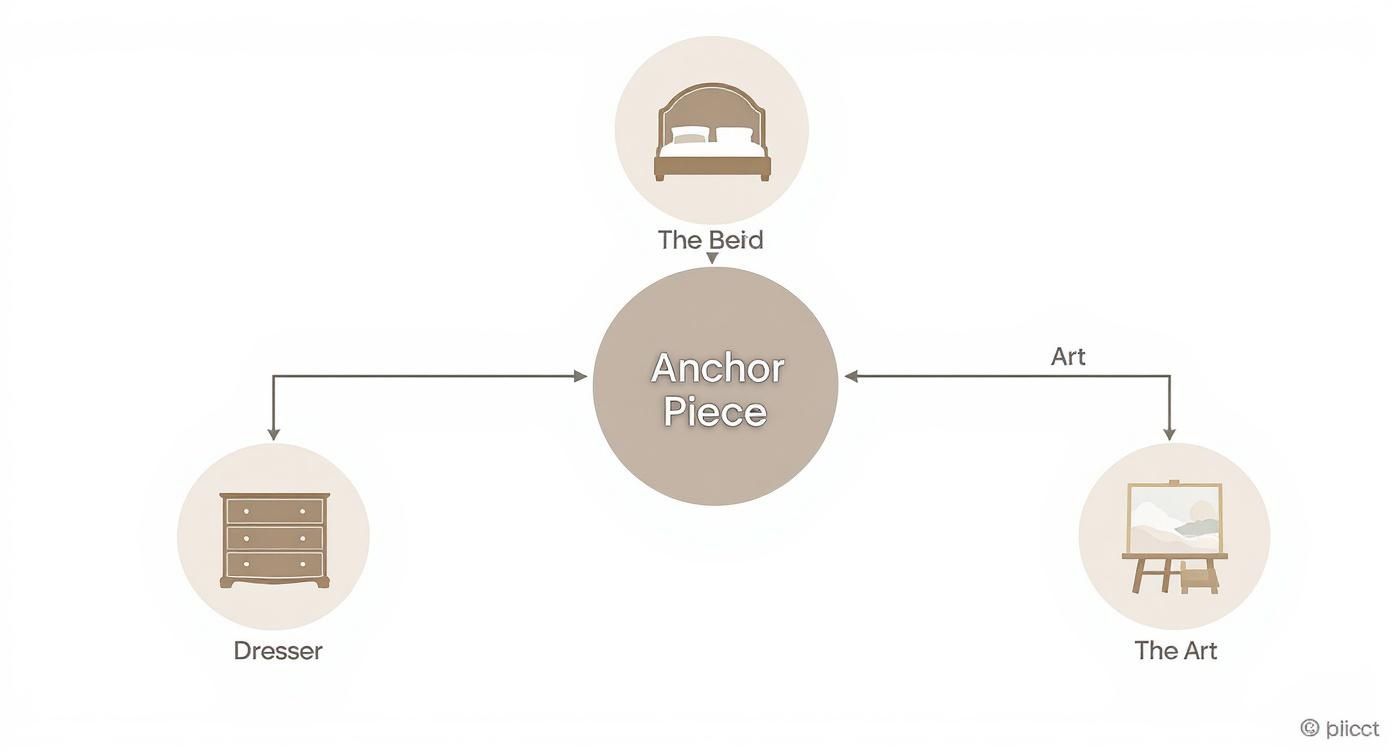 Interior design diagram showing bedroom furniture arrangement with bed as anchor piece, dresser and art